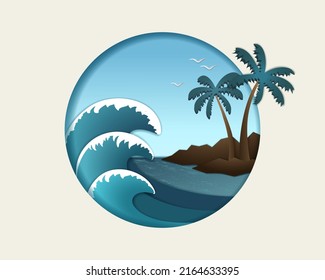 Seascape with waves, hills and palm trees. Nautical concept in paper cut style. Vector illustration.