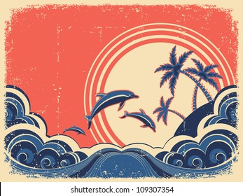  Seascape waves poster with dolphins. Vector grunge illustration on old paper texture