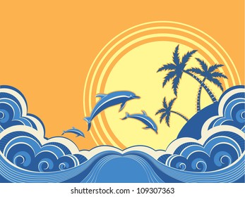  Seascape waves poster with dolphins. Vector illustration