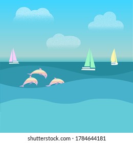 Seascape with waves, sailboats, diving dolphins and floating clouds.