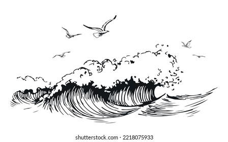 Seascape with waves and seagulls. Marine concept. Birds and sea sketch. Vector illustration in vintage engraving style