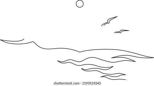 Seascape with waves, seagulls and sun. Continuous line drawing. Linear vector illustration, isolated on white background