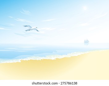 Seascape with wavy sea surface, cloudy sky, flying seagull. Tropical landscape