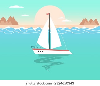 Seascape, white sailboat, yacht against the backdrop of the sea and mountains. Summer illustration, vector	
