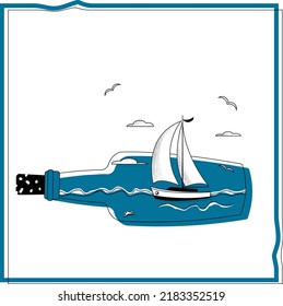 Seascape, white sailboat, yacht, mountains, sun in a glass bottle. Black and white illustration, flat vector isolated on white background
