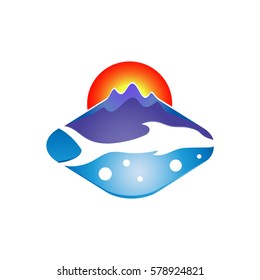 Seascape with a white silhouette of a dolphin. Vector logo.
