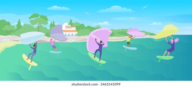 Seascape with wing foiling people. Vector color illustration.
