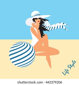 seascape woman sitting on the beach white hat scarf ball inscription Lifestyle abstract art modern flat style creative vector illustration