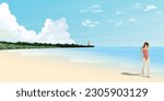 Seascape with woman walking on the beach vector illustration have blank space at the sky. Seaside landscape with tourist, ocean coast, lighthouse and yacht flat design.