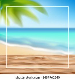 Seascape and wooden drink stand, for your design. Summer holidays on the coast. Beach with the sea.