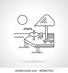 Seascape and wooden pier with seat, umbrella. Tropical resort. Tourism, travel. Vector icon flat thin line style