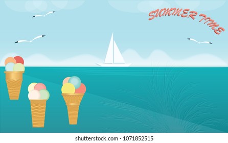 Seascape - yacht and gull - set of ice cream in waffle glasses - vector art illustration Travel Poster