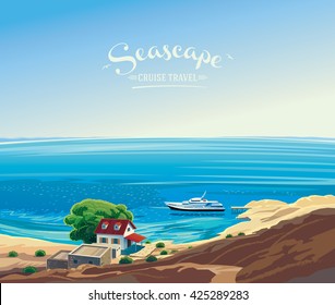 Seascape with the yacht and the hut on the shore on the sea, the marine leisure. The inscription on the location of the logo placement as poster and postcard advertising.