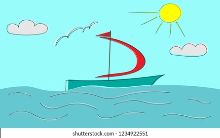 Seascape. Yacht with a red sail in the sea