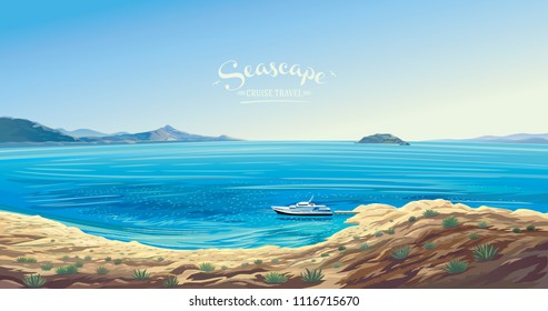 Seascape with the yacht symbolizing the marine leisure. Seashore presumably the Mediterranean.