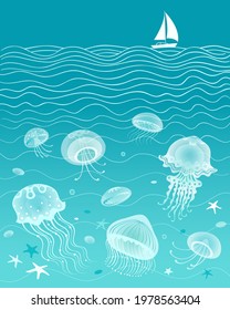 Seascape with yacht and underwater world. Sailboat on sea waves, stylized jellyfishes and starfishes. Vector background, illustration, greeting card.