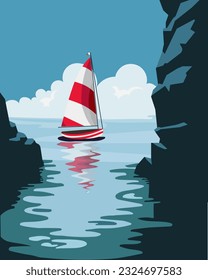 Seascape, a yacht with a white sail on the sea among the rocks. Poster, print, colorful summer marine illustration	
