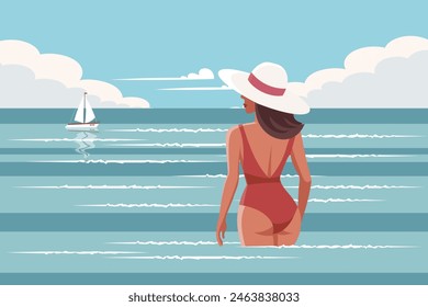 Seascape. A young woman in a swimsuit swims in the sea. Vacation concept. Illustration. Vector