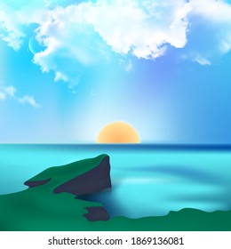 Seascape.Cliff on the background of the ocean.Rising sun with clouds.Wallpaper.Vector illustration in a realistic style.