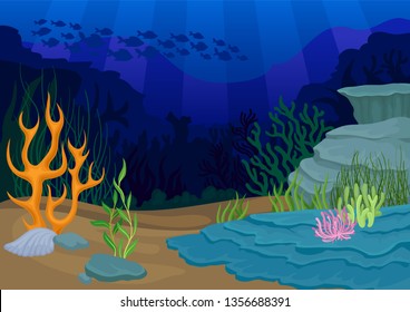 Seascapes concept. oral reef and school of fish.