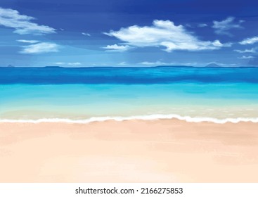Seascapes Ocean Paradise Sky Sea Sand Beach Nautical Scenery Summer Travel Vacation. Tropical landscape of coast beautiful sea shore beach on good sunny day flat vector illustration