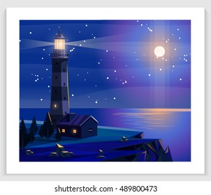 Seascapes. Vector illustration. Lighthouse, rock, house, sea shore, tree. Flat style illustration on sea theme.