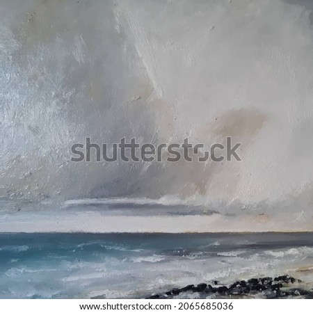 Seascapes. Watercolor illustrations. Abyss, ocean waves, seascape hand drawn oil illustration. Blue sea tides and ice blocks, frozen pond, winter marine scenery background. Storm, swash