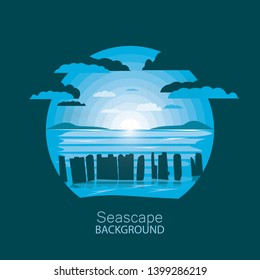 Seascape.Silhouette pier remains on sunset.Negative space illustration.