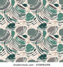 Seashell abstract seamless pattern. Contemporary marine illustration, grey green color palette for wallpaper, modern textile. Transparent background. Vector illustration