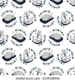 Seashell and Anchor. Seamless pattern on a white background. Cute vector illustration.