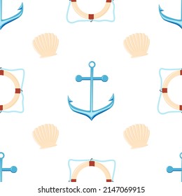 Seashell and anchor vector seamless pattern background. Summer holiday adventure on sailboat. Beach relaxing time theme. Wallpaper, backdrop and fabric print.