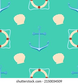 Seashell and anchor vector seamless pattern background. Summer holiday adventure on sailboat. Beach relaxing time theme. Wallpaper, backdrop and fabric print.