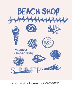 Seashell artwork for t shirt print, Seashell vintage artwork. vintage women's t-shirt design. Summer vibes artwork. Beach shop slogan