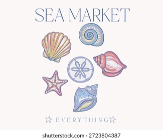 Obra de arte Seashell para estampado de camiseta. Ambiente costero y animal marino. Disfruta de la vida en la playa. Playa de buen rollo. Playa arte abstracto moderno. Disfruta de la vida en la playa
