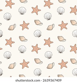 Seashell background. Seamless doodle shell seamless vector pattern.