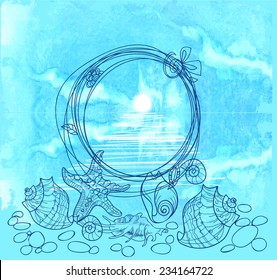 Seashell banner. Hand drawn sketch and watercolor illustration