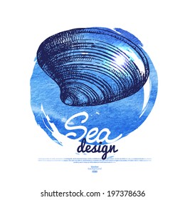 Seashell banner. Sea nautical design. Hand drawn sketch and watercolor illustration
