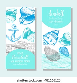 Seashell banners, flyers set. Nautical sea design. Hand drawn sketch. Vector illustration.