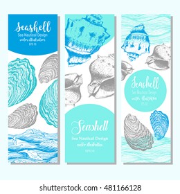 Carteles de conchas, pancartas de volantes. Diseño náutico. Dibujo hecho a mano. Ilustración vectorial.