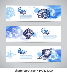 Seashell banners. Sea nautical design. Hand drawn sketch and watercolor vector illustration