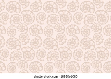 Seashell beach summer beige pattern. Vector seamless background. Simple elegant ocean sea shell fabric texture. Sand colour design. Graphic illustration