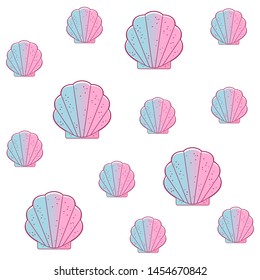 Seashell, bivalved mollusks, seamless pattern. Exotic scallop, marine mollusk wild life-nature. Simple sea shell. Packing house for small dolls. Vector illustration