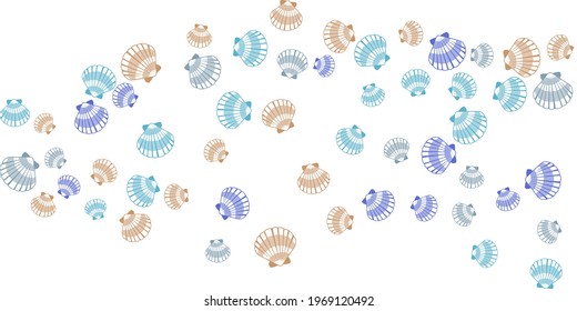 Seashell blue brown vector graphics, pearl bivalved mollusks illustration. Sea scallop, bivalve pearl shell, marine mollusk isolated wildlife background. Minimal sea shell graphic design.