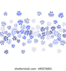 Seashell blue and white vector illustration on white background. Marine or oceanic sea shell, mollusk conch, pearl scallop, bivalve shellfish, underwater beach symbol, seashell ornament.