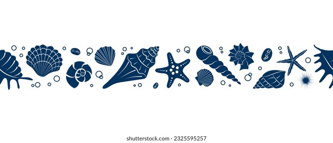 Seashell border. Blue silhouette of a shell. Marine background, design element