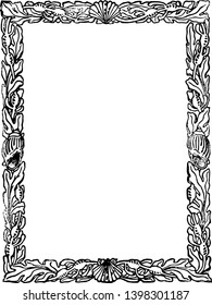 Seashell Border is decorated with seashells in this pattern vintage line drawing or engraving illustration.