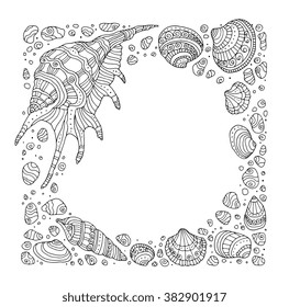 Seashell border frame, ocean pattern. Vector vintage illustration. Zentangle. Coloring book page for adult. Hand drawn artwork. Beach concept for restaurant menu card, ticket, branding, logo label