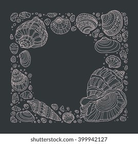 Seashell border frame, ocean pattern. Vector vintage illustration. Zentangle. Hand drawn artwork. Beach concept for restaurant menu card, ticket, branding, logo label. Monochrome dark grey, beige pink