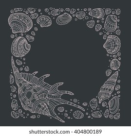 Seashell border frame, ocean pattern. Vector vintage illustration. Zentangle. Hand drawn artwork. Beach concept for restaurant menu card, ticket, branding, logo label. Monochrome dark grey, beige pink