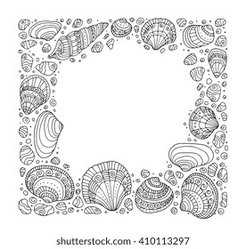 Seashell border frame, ocean pattern. Vector seashell illustration. Zentangle seashell. Coloring book page for adult. Hand drawn artwork. Beach concept for party, branding, logo label. Black, white